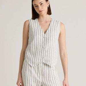 Quince Striped European Linen Button Vest in Cream and Black